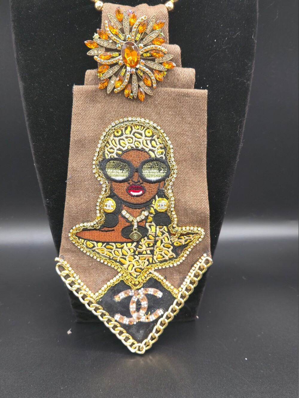 Embellished Brown & Gold Tie Necklace